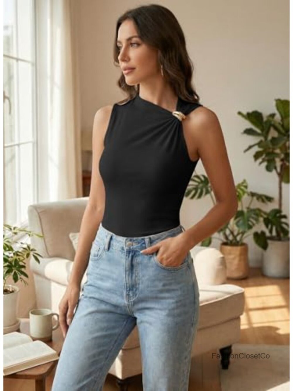 Sleeveless Asymmetric Neck Tank Top Ribbed Slim Fit with Gold Ring Detail - Picture 6 of 6